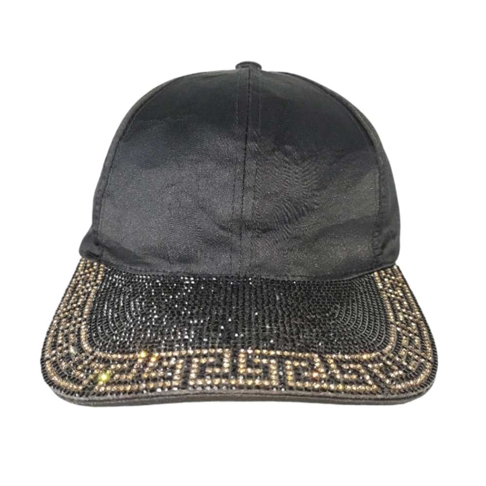 Vera New York Women Black Satin Embellished Gold Greek Key Cap Hat NWOT NEW